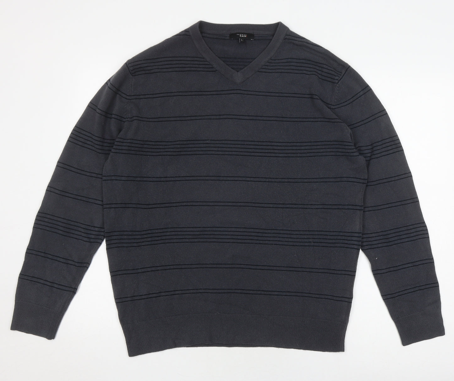 Thomas Nash Men's Black V-Neck Striped Pullover L