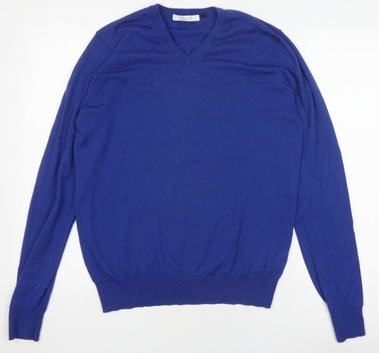 Mark Law Men's Blue Wool V-Neck Pullover Jumper M