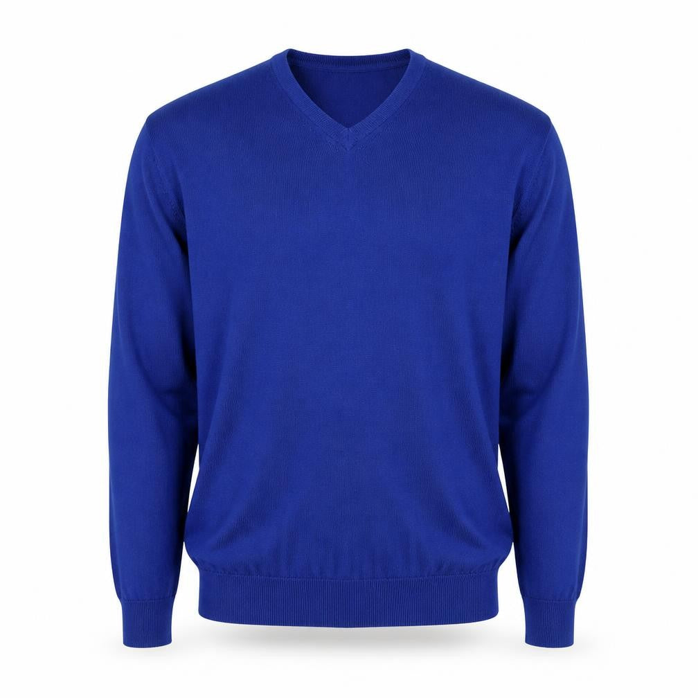 Front view of Mark Law Men's Blue Wool V-Neck jumper M