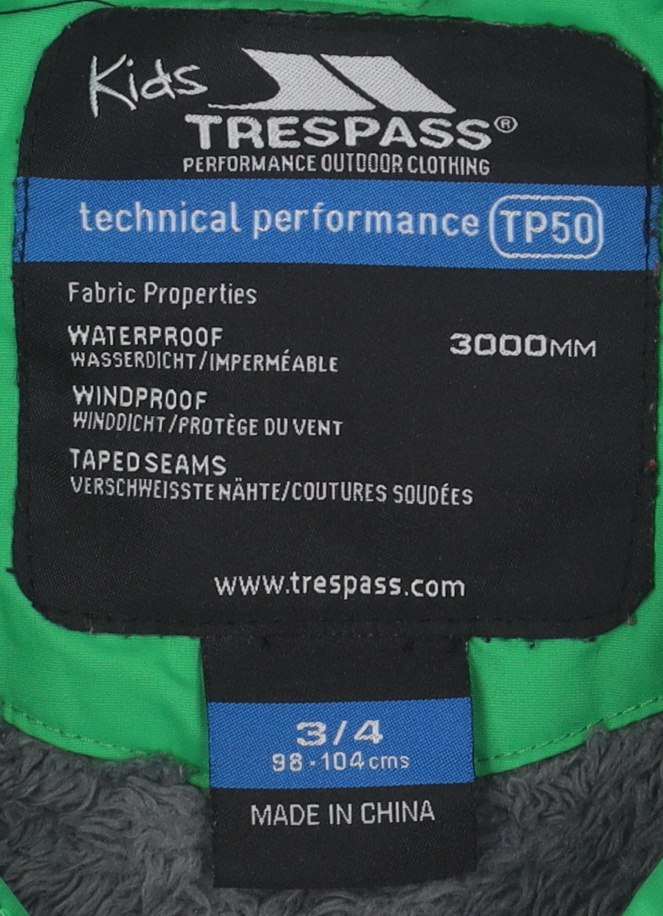 Trespass Boys Green Puffer Jacket 3-4 Years Waterproof