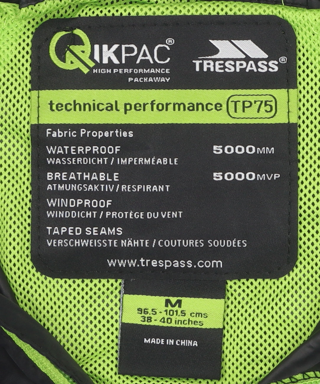 Trespass Men's Black M Windbreaker Jacket Waterproof