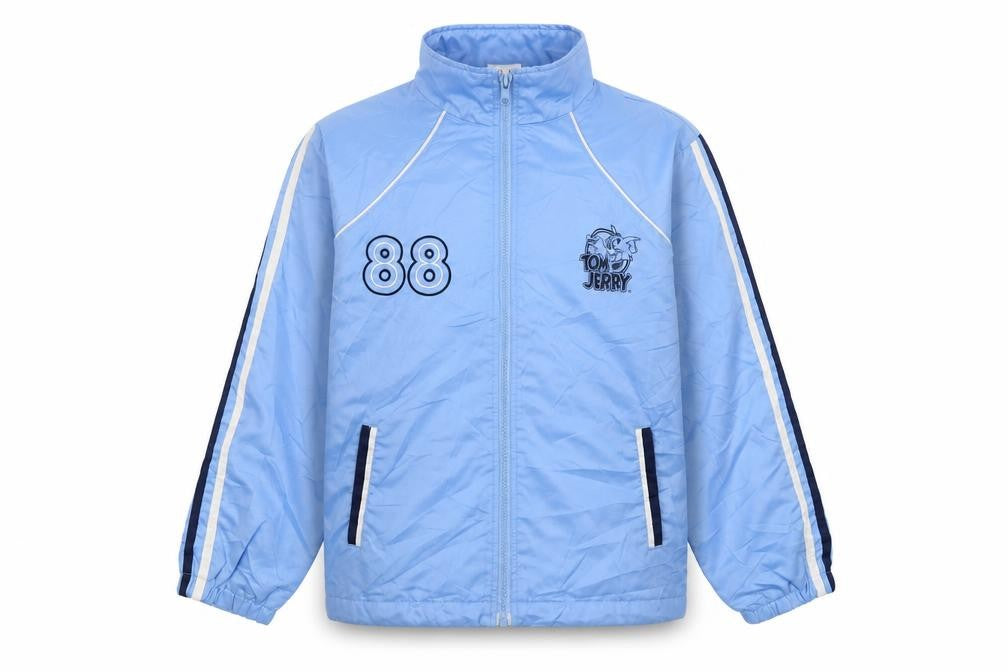 Front view of Tom and Jerry boys’ blue track jacket, size 10