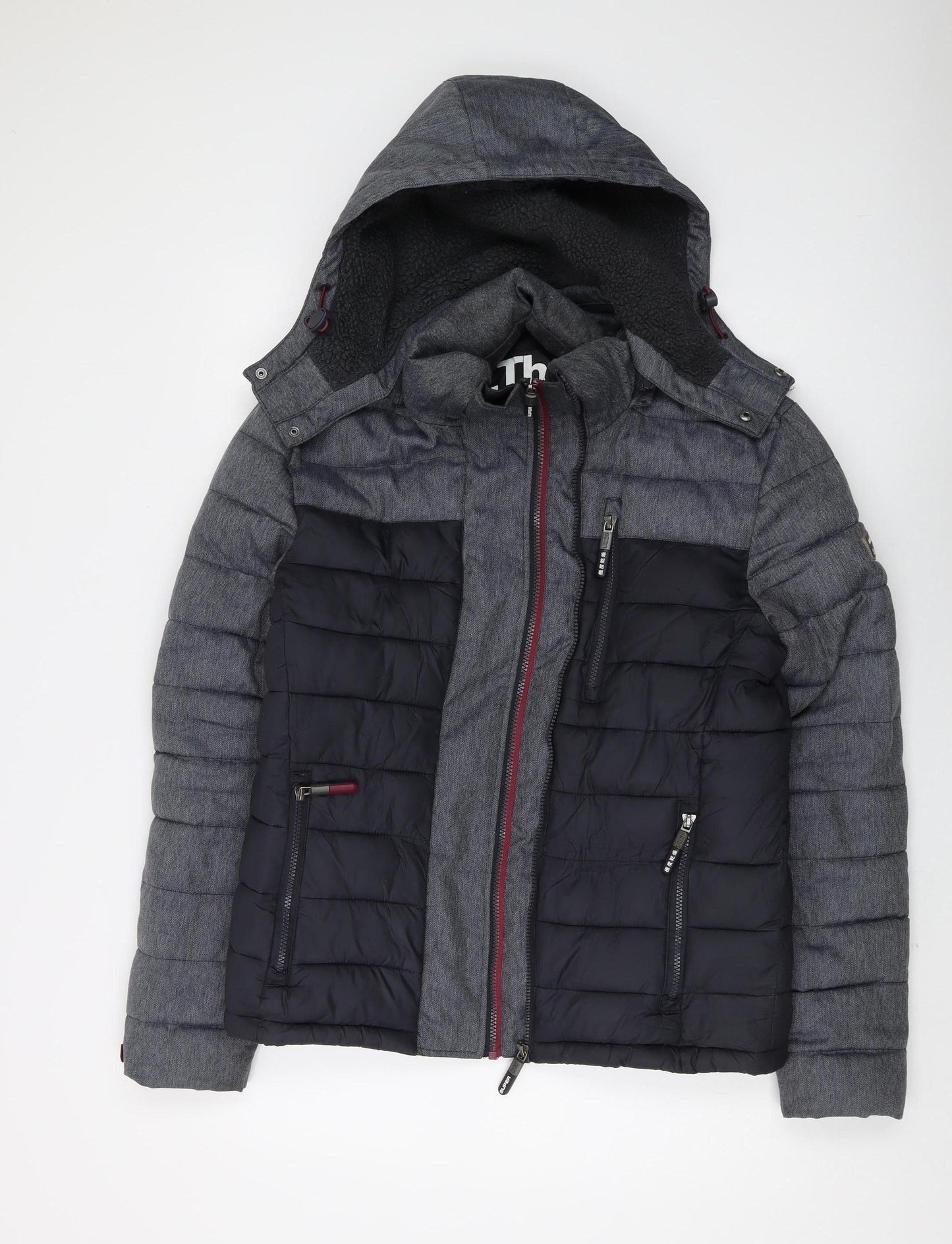Superdry Men's Black Grey Puffer Jacket Hooded L