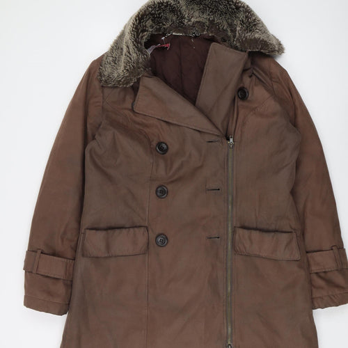 Jacques Vert Women's Brown Pea Coat, Size 14, Fur Trim