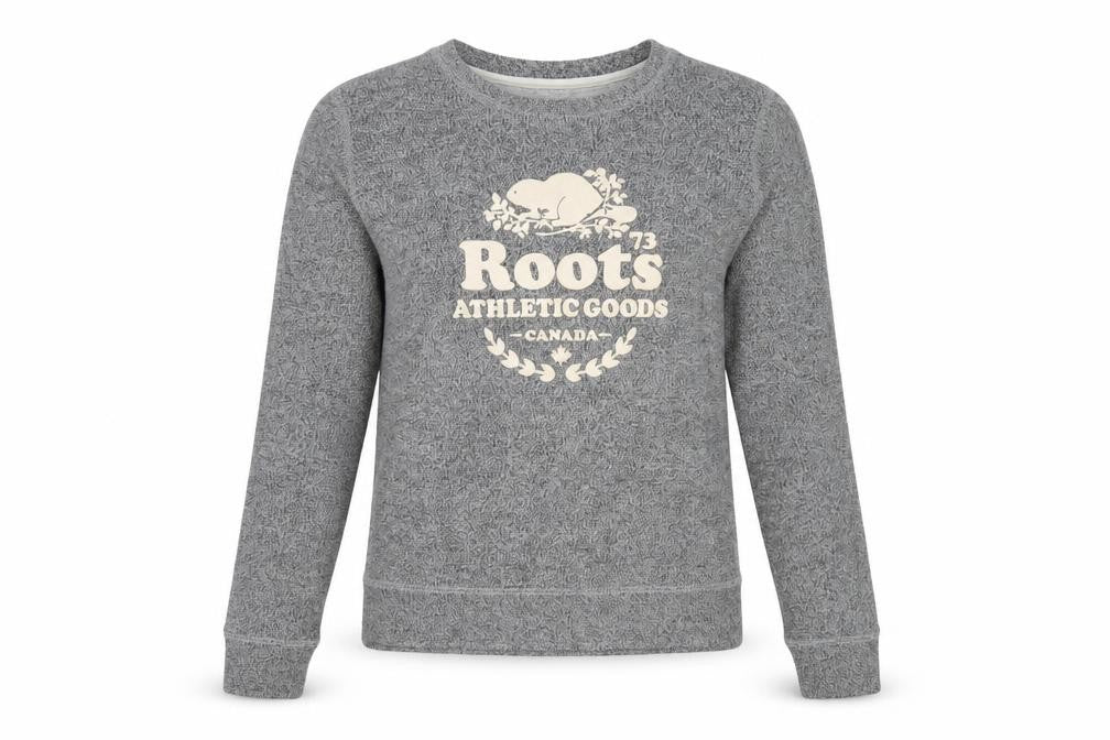 Front view of Roots Grey unisex xs pullover sweatshirt with logo