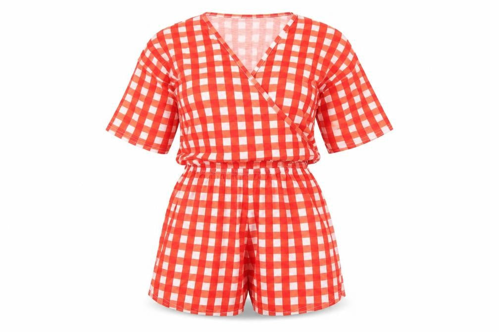 Front view of PRETTYLITTLETHING Women's Red Gingham Playsuit, size 8