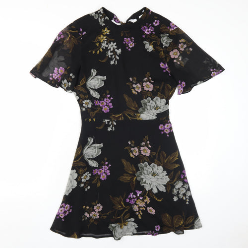 Warehouse Women's Black Floral Fit & Flare Dress, Size 10