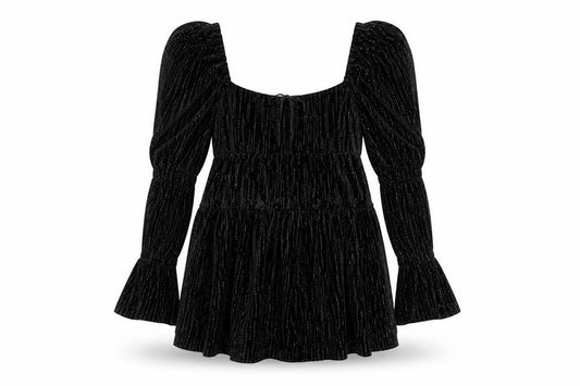 Front view of Forever New Petite Black Velvet Fit & Flare Dress