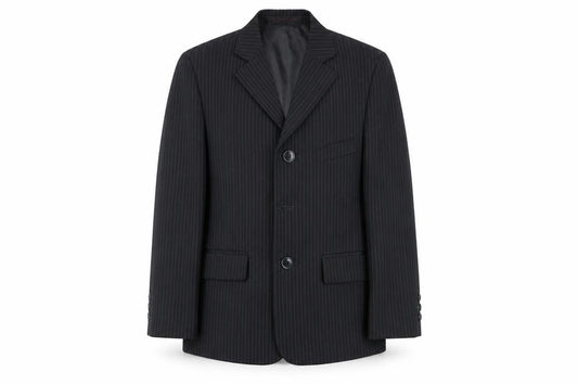 Front view of K.R. Collection boys’ black pinstripe suit, 8 years, formal trouser set