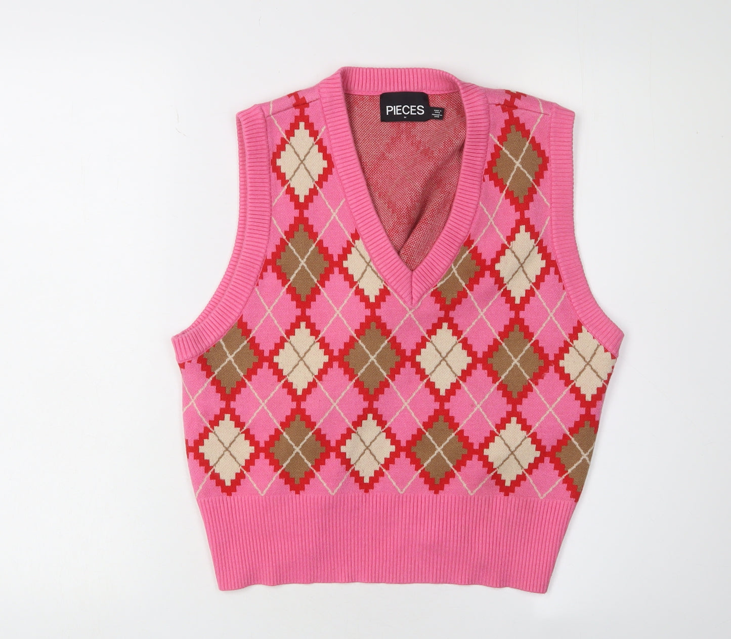 Pieces Women's Pink Argyle Vest Jumper, M