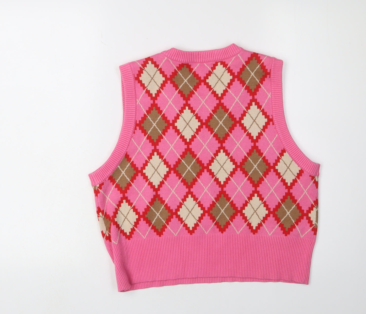 Pieces Women's Pink Argyle Vest Jumper, M