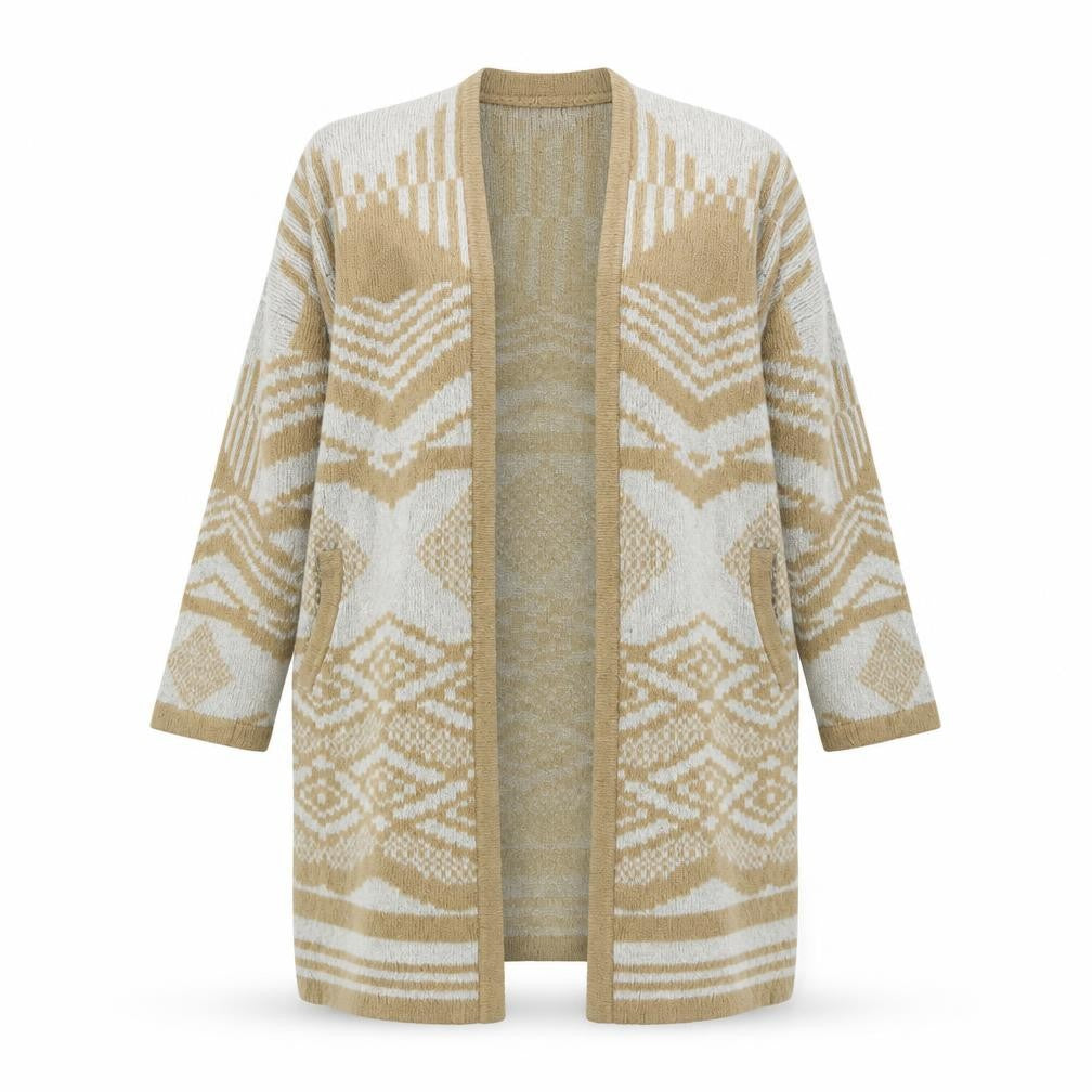 Front view of Oasis Women Beige Medium Geometric Cardigan