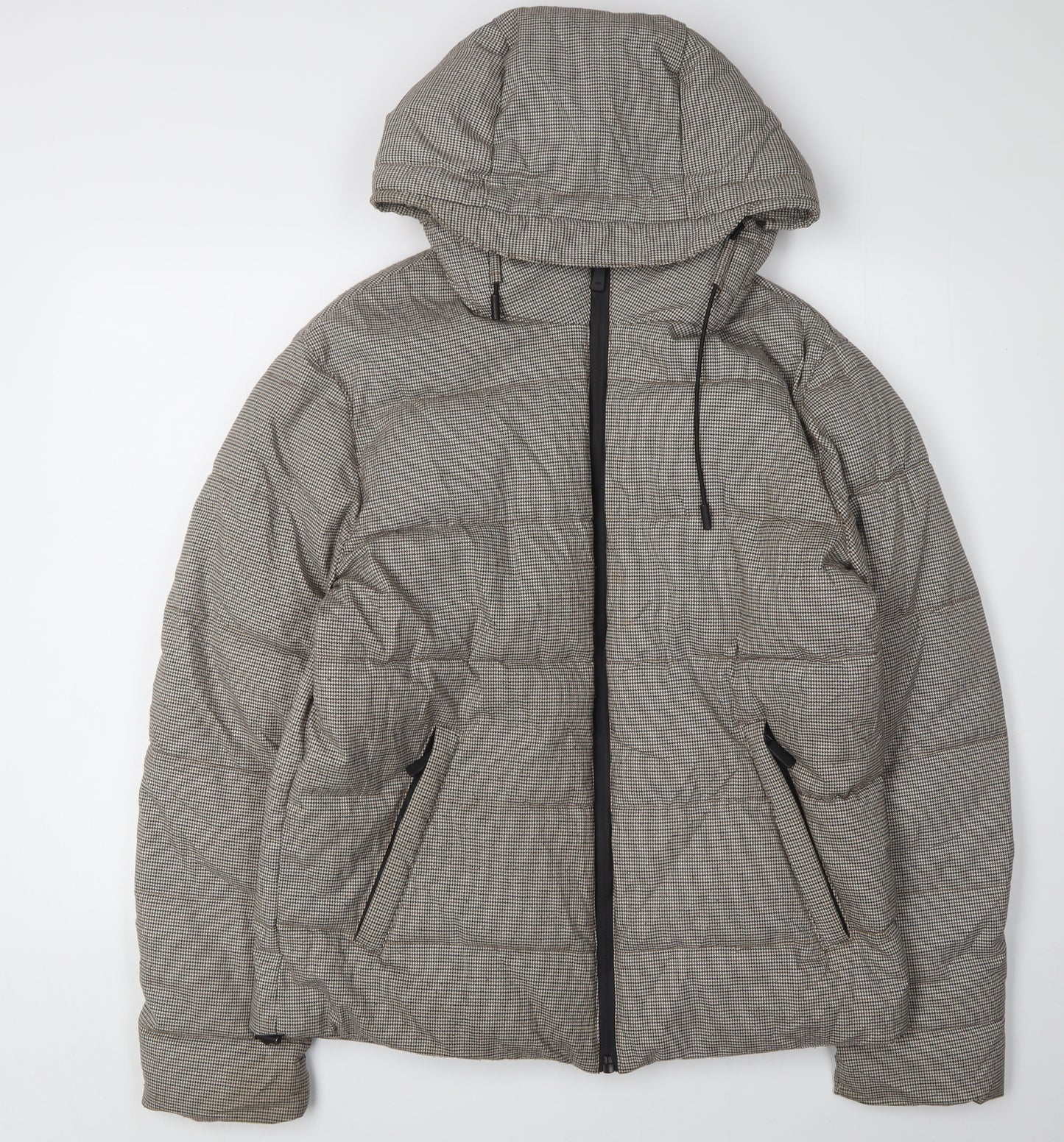 Zara Women's Grey Houndstooth Puffer Jacket, Size 12