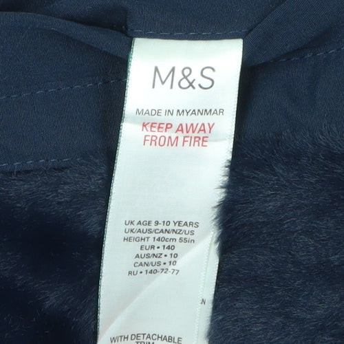 Marks and Spencer Girls Blue Faux Fur Trim Parka, 9-10 Years