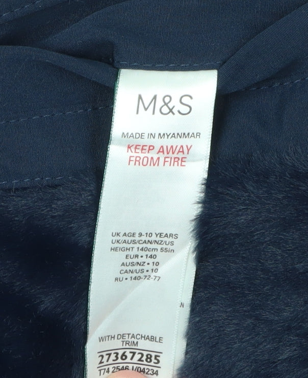 Marks and Spencer Girls Blue Faux Fur Trim Parka, 9-10 Years