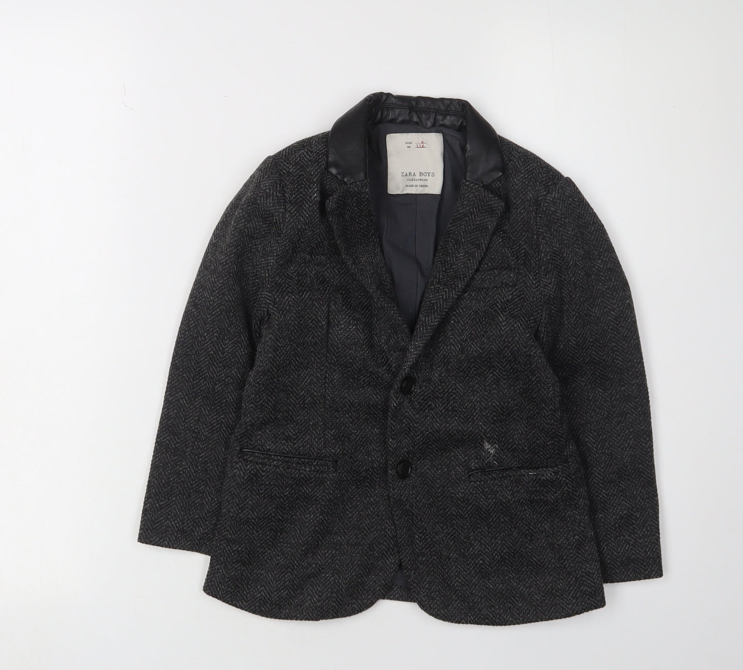 Zara Boys Black Suit Jacket 6 Years Wool Herringbone Classic