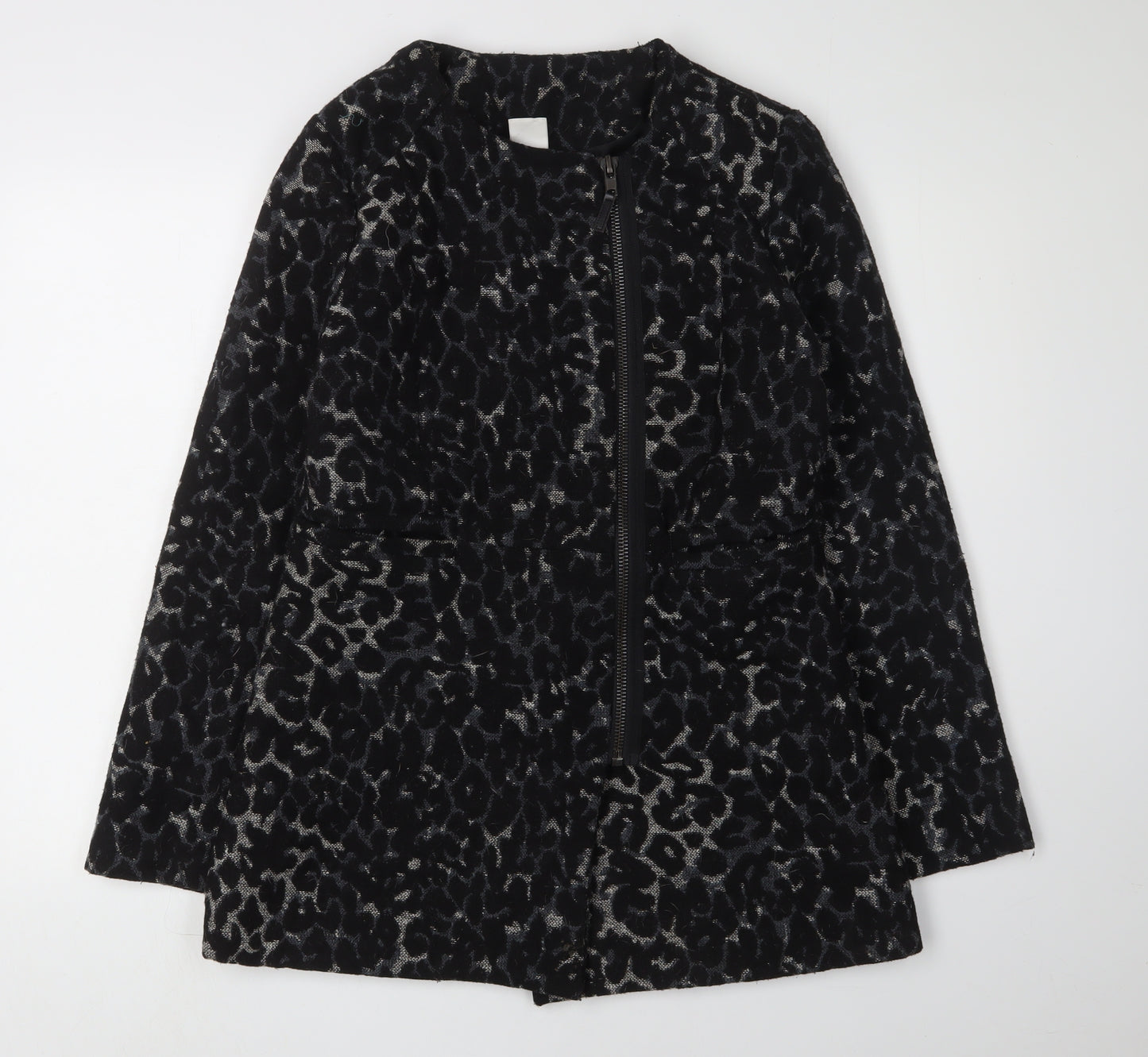 Oxmo Women's Black Animal Print Coat, Size M, Winter Style