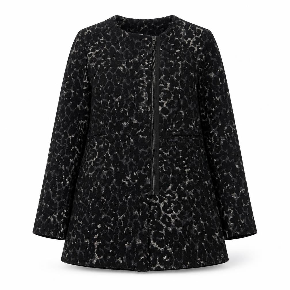 Front view of Oxmo Women's Black Animal Print Coat, size M, Winter Style