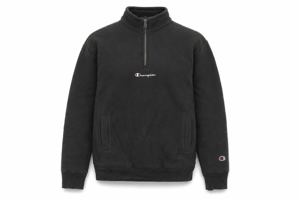 Front view of Champion Men's Black XS 1/4 Zip Sweatshirt Logo