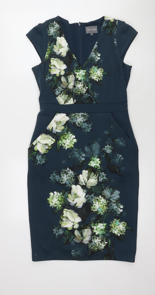 Phase Eight Women's Blue Sheath Dress Size 10 V-Neck Floral