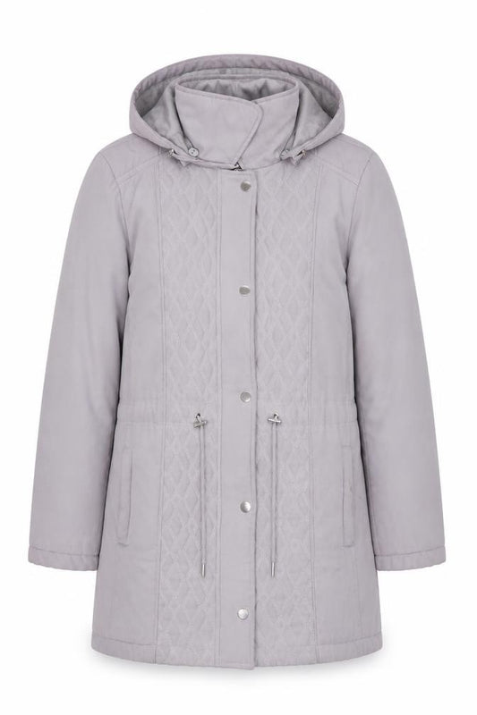 Front view of Bonmarché Women's Grey Parka Jacket, size 10, Hooded Casual