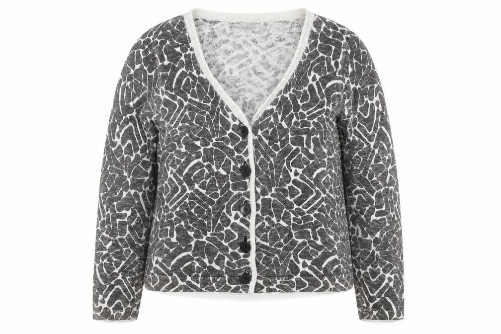 Front view of Minuet Women's Grey Cardigan, size 8, V-Neck, Button Accents