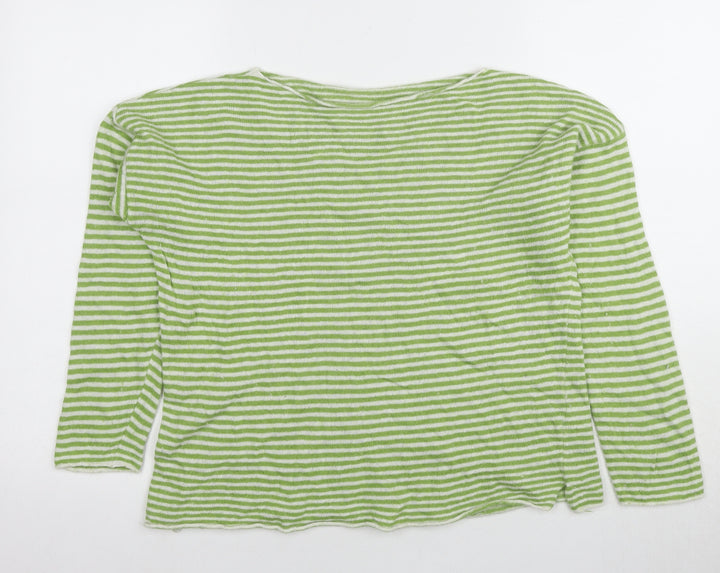 Made In Italy Women's Green Striped Pullover Boat Neck Jumper One Size