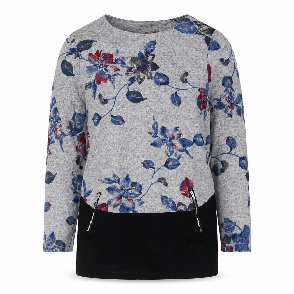 Front view of Tenki Women's Grey Floral jumper S