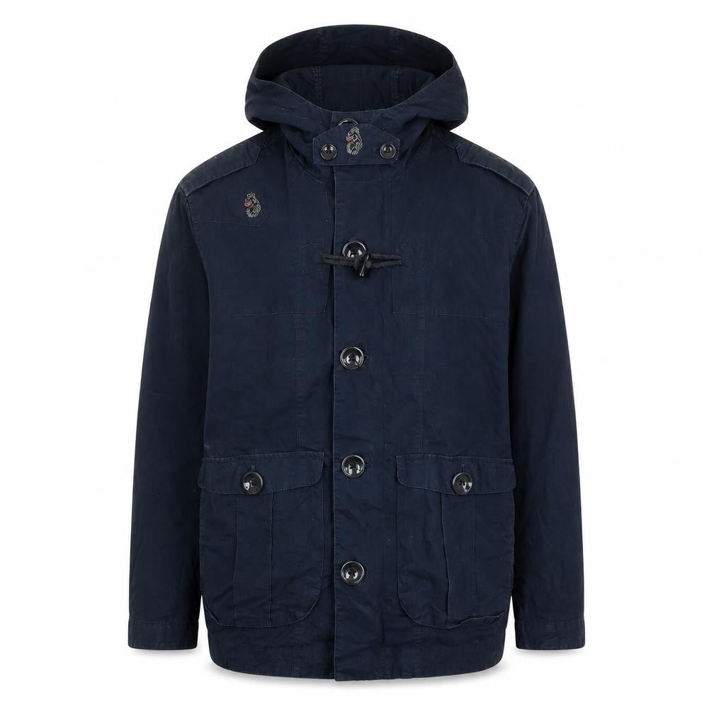 Front view of Luke Men's Navy Hooded Jacket, size S, Cotton Casual