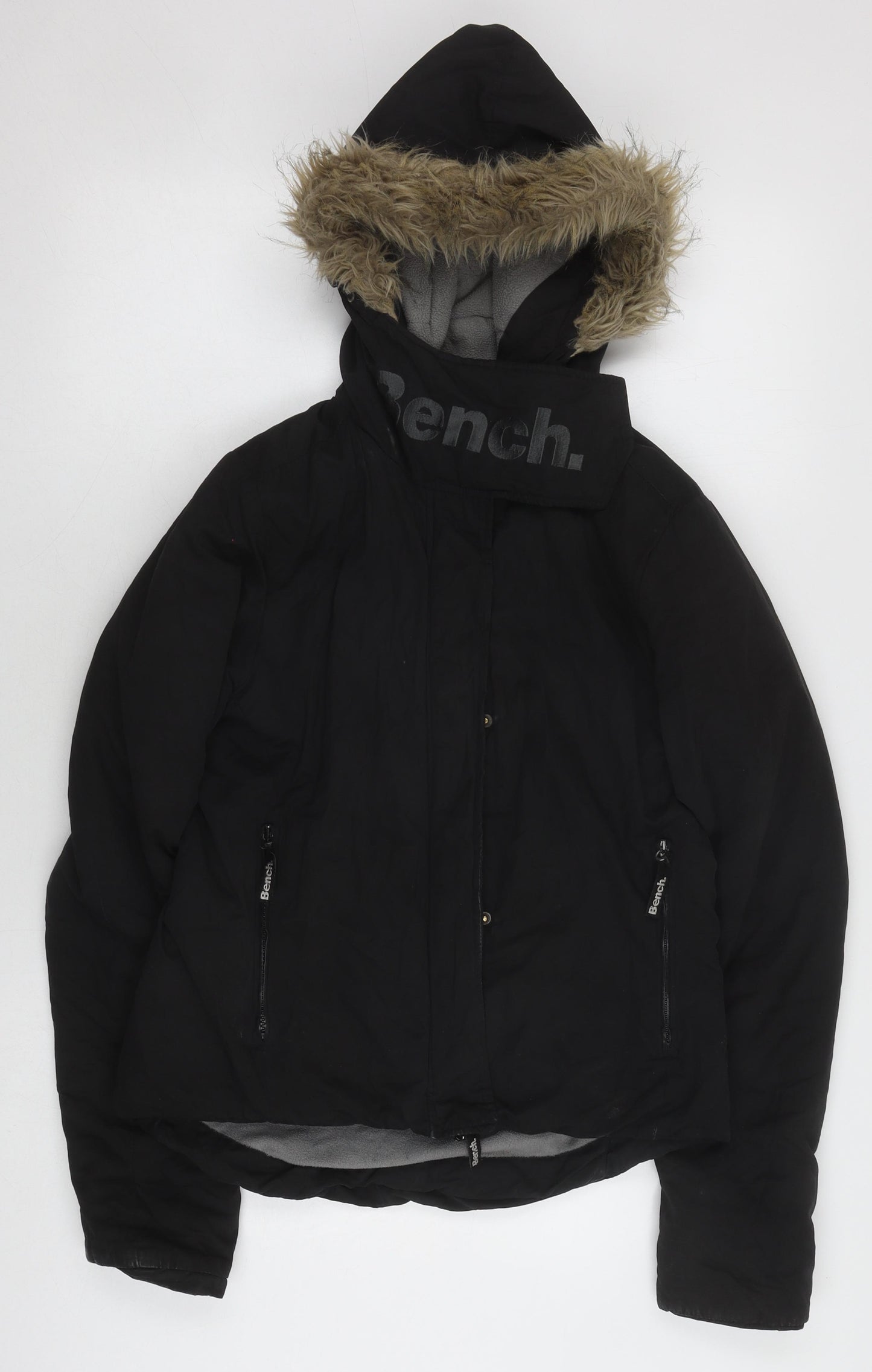 Bench Women's Black Puffer Jacket Fur Trim Hood M