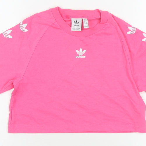 Adidas Women's Pink Cropped T-Shirt - Size 4, Crew Neck
