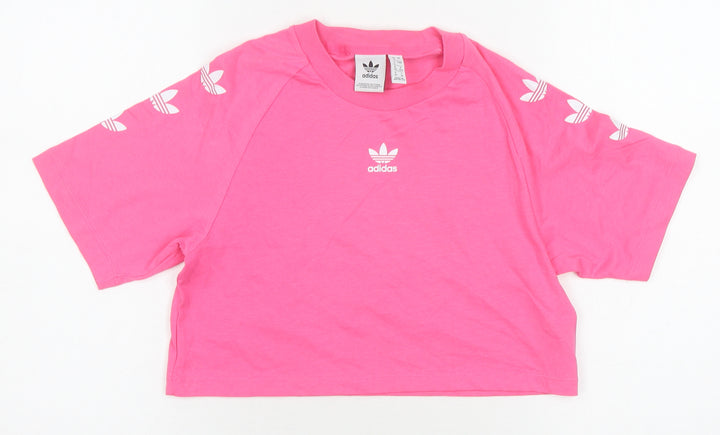 Adidas Women's Pink Cropped T-Shirt - Size 4, Crew Neck