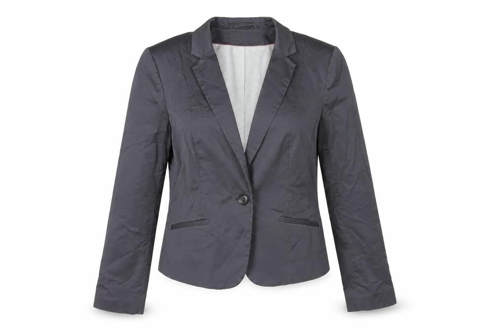 Front view of H&M Women's Black Suit Jacket, size 12, Elegant Style