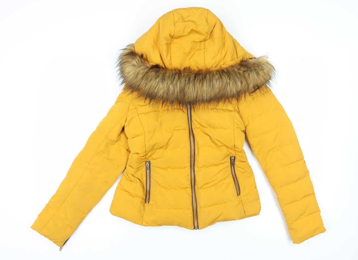 Zara Women’s Yellow Puffer Jacket S Faux Fur