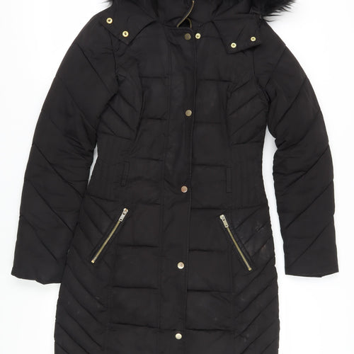 Oasis Women's Black XS Puffer Jacket Hooded Long Coat