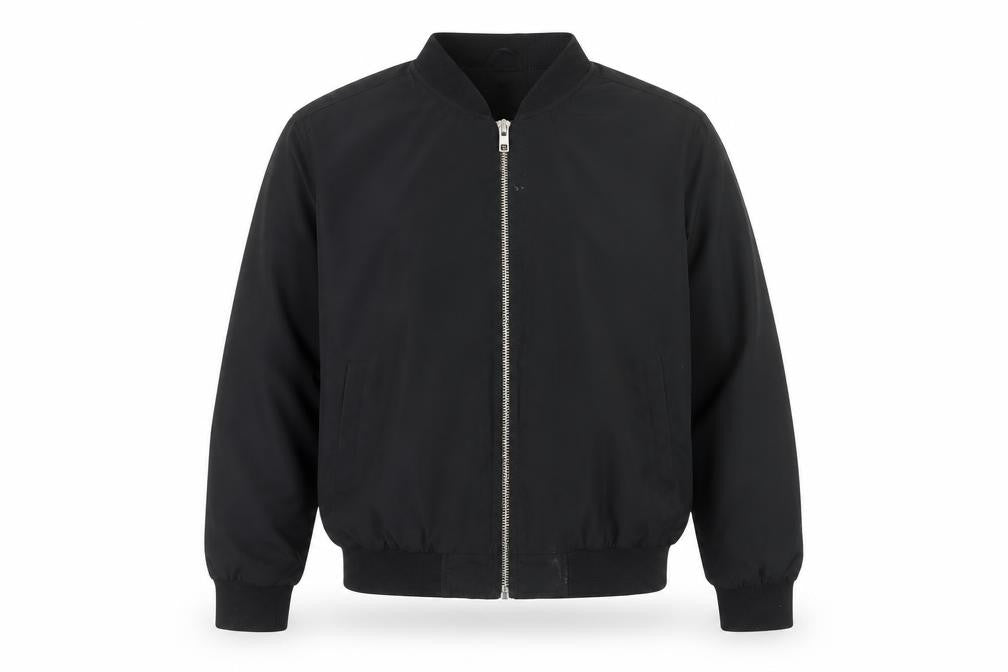 Front view of Topman Men's Black Bomber Jacket M Stand-Up Collar
