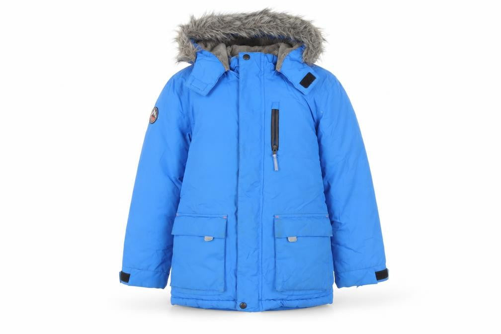 Front view of John Lewis boys’ blue puffer jacket with hood, 9 years