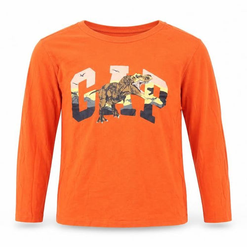 GAP Boys Orange Dinosaur T-Shirt, Size 8-9, Long Sleeve, Cotton