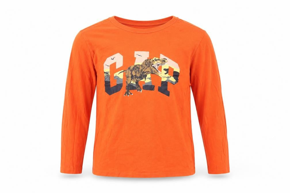 GAP Boys Orange Dinosaur T-Shirt, Size 8-9, Long Sleeve, Cotton