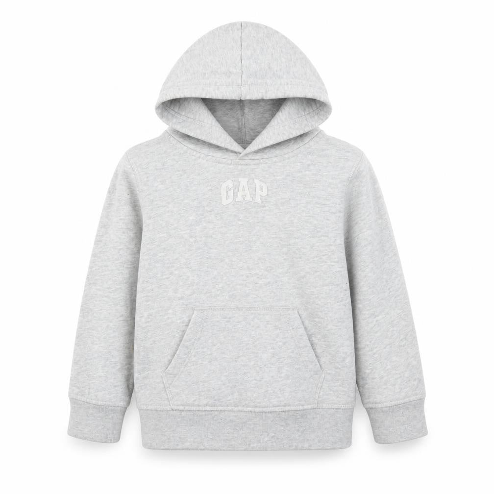 Front view of Gap boys’ grey pullover hoodie, size 5, years, casual comfort
