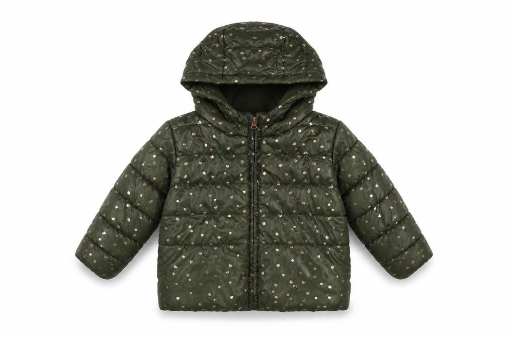 Front view of Canada House girls’ green heart puffer jacket 24m