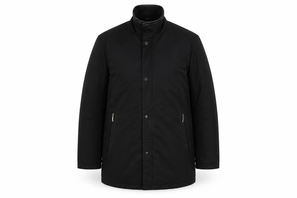 Front view of Guise Men's Black Overcoat, size M, with Zipped Pockets
