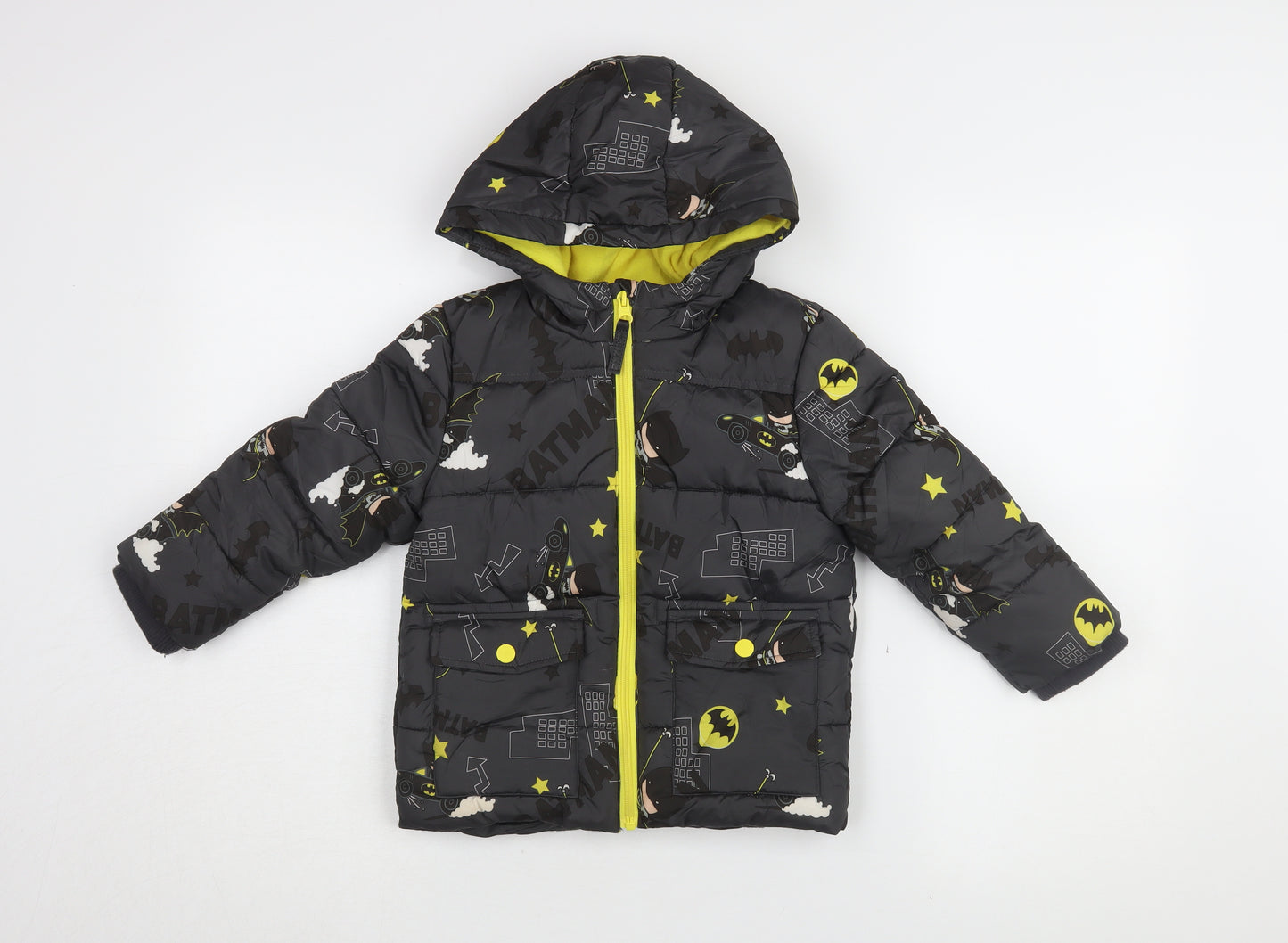 Batman Boys Black Puffer Jacket 4-5Y Hooded Winter Warm