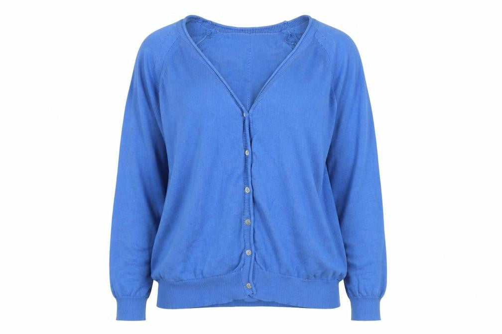 Front view of Hepburn Women's Blue Cotton V-Neck Cardigan L