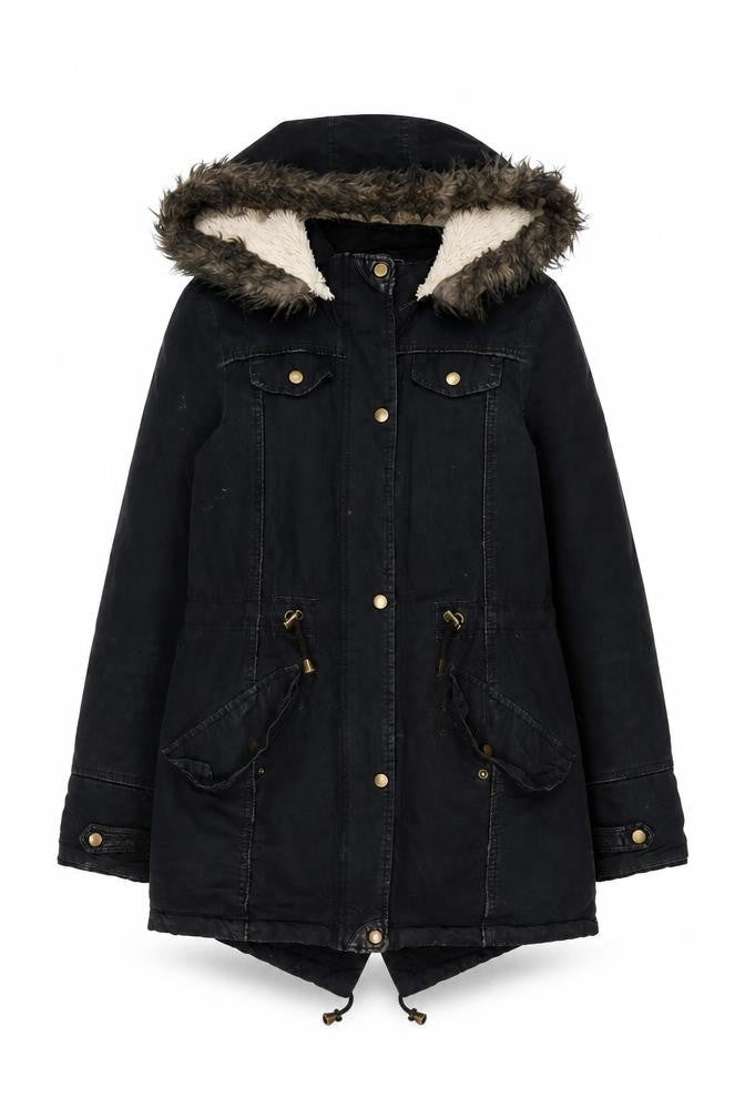 Front view of Brave Soul Women's Black Parka Jacket, size 10, Hooded