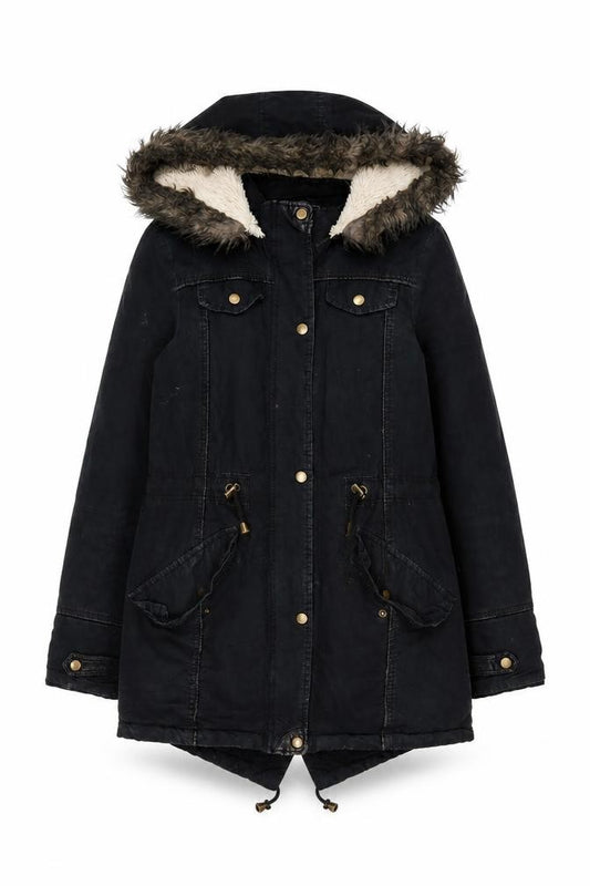 Front view of Brave Soul Women's Black Parka Jacket, size 10, Hooded