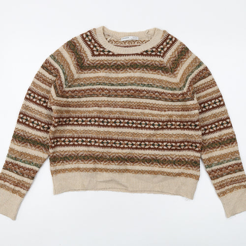 Pull & Bear Women's Beige Fair Isle Knit Jumper Size 12