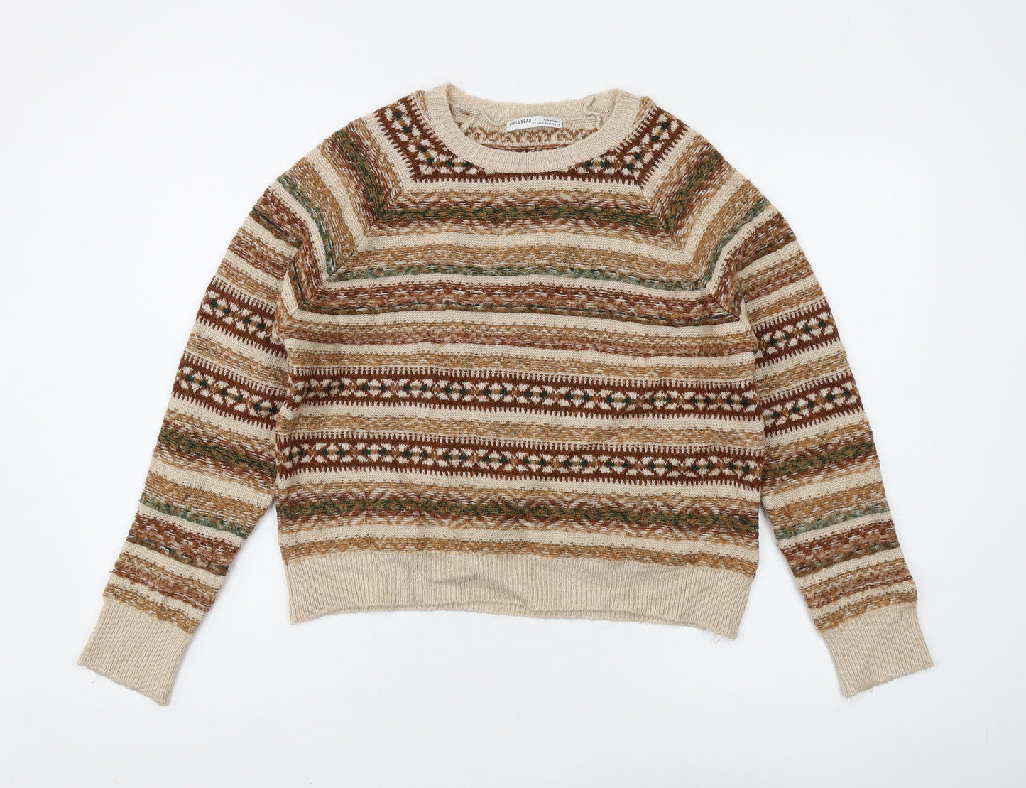 Pull & Bear Women's Beige Fair Isle Knit Jumper Size 12