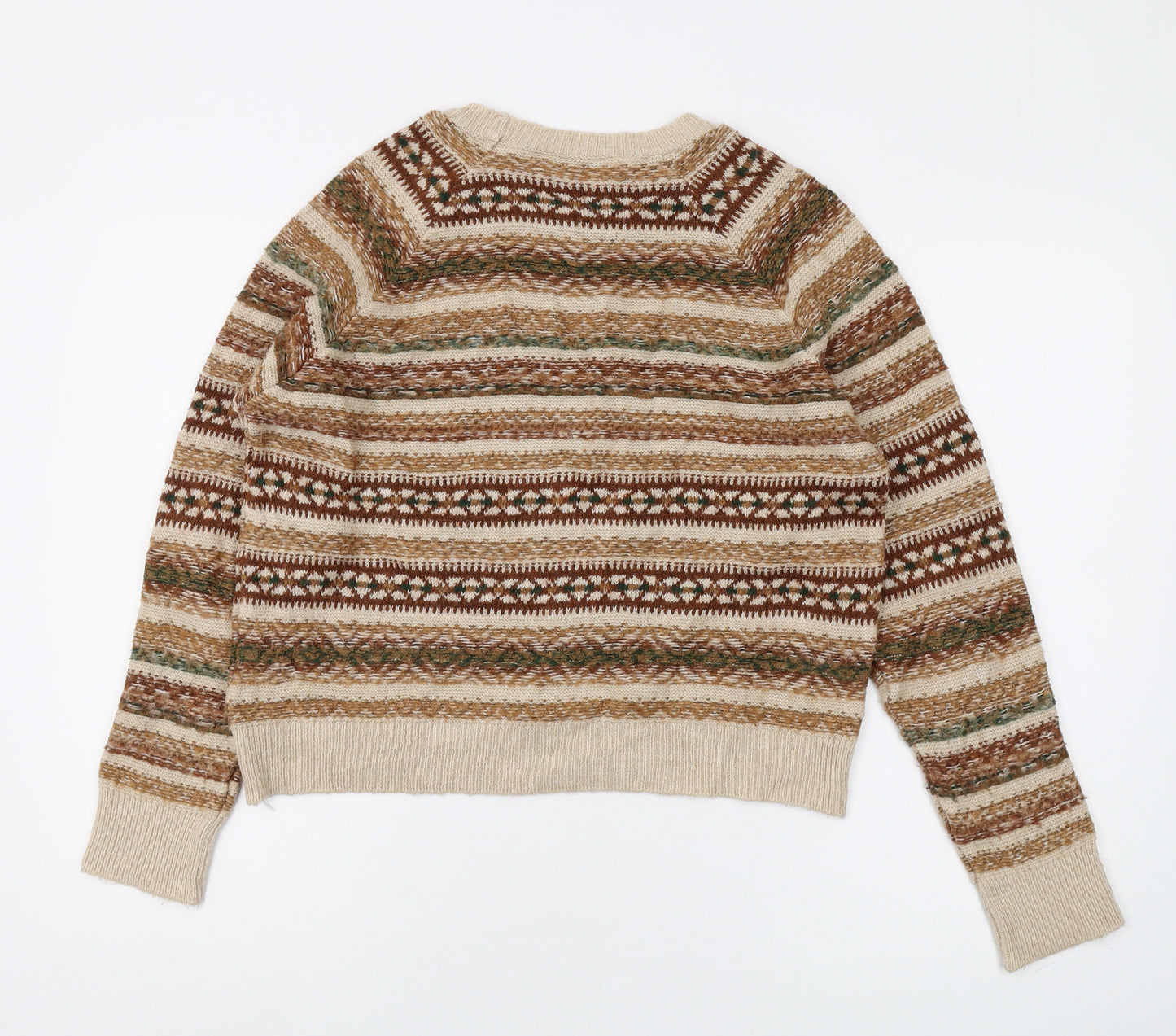 Pull & Bear Women's Beige Fair Isle Knit Jumper Size 12