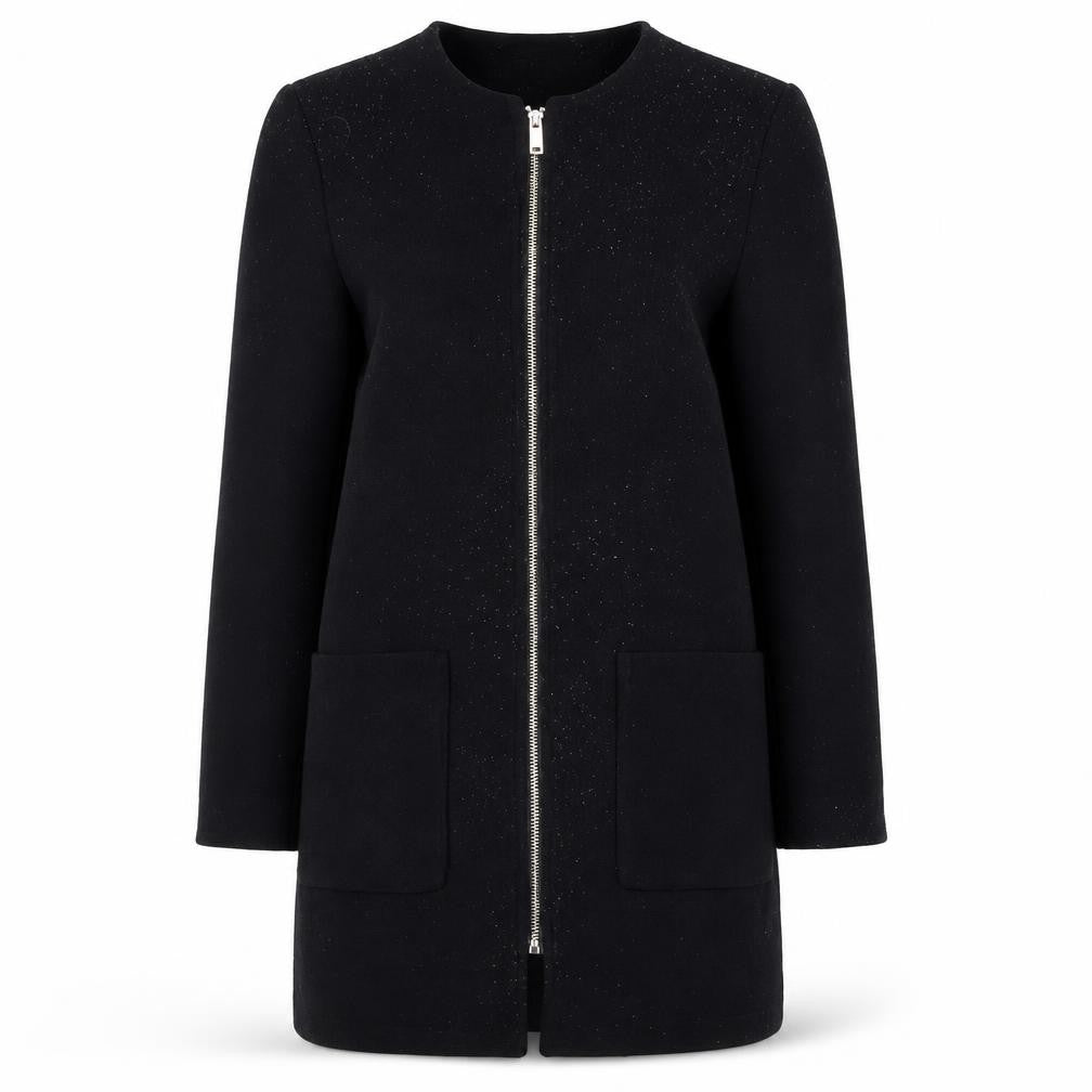 Front view of H&M Women's Black Mid-Length Coat, size 8, Full Zip
